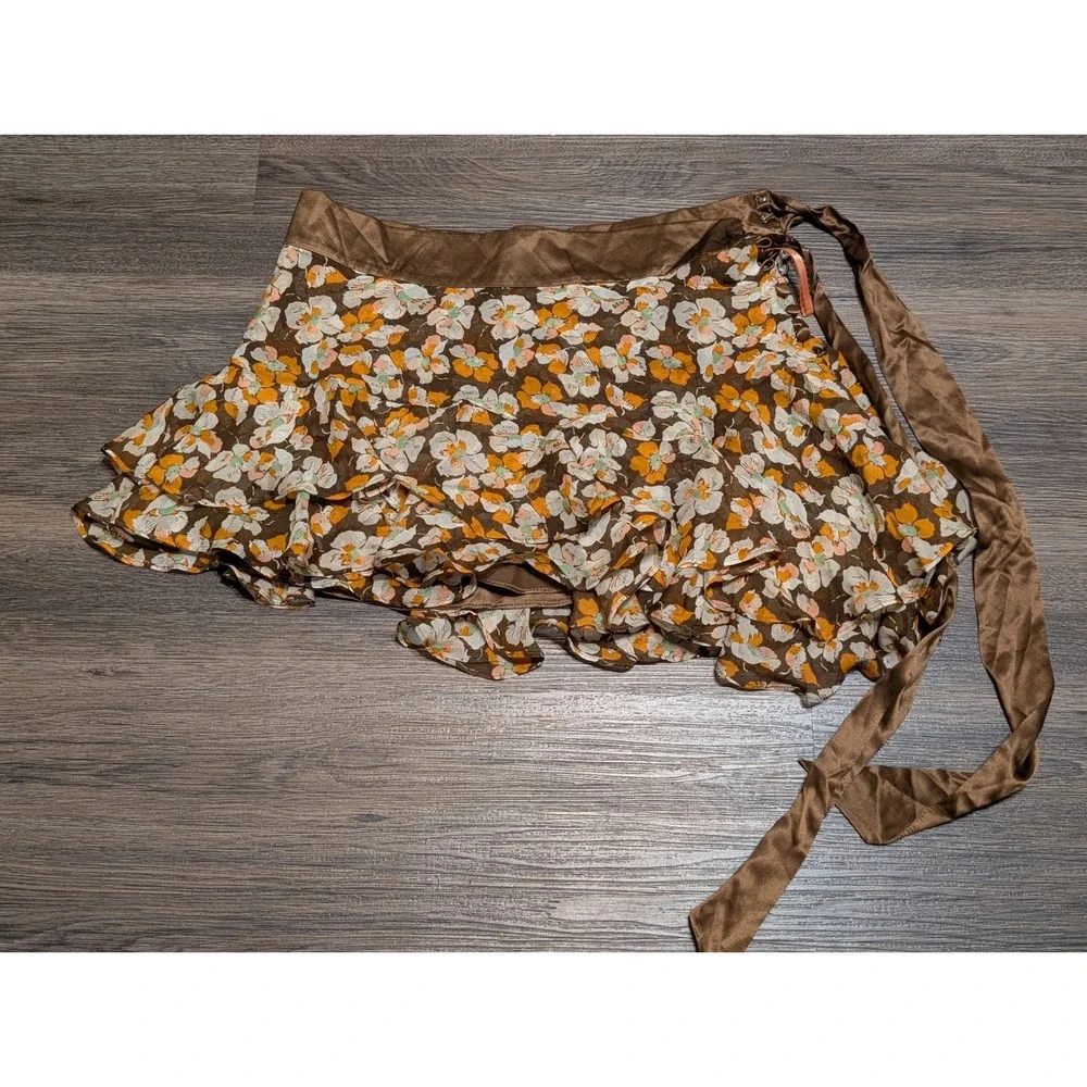 Abercrombie & Fitch Silk Floral Ruffle Mini Skirt Brown Orange Size‎ 0 Y2K NWT